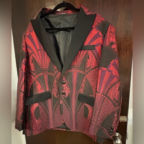 New with tags Angelino Red & Black Brocade Sport Coat with Black Satin Trim. 44R